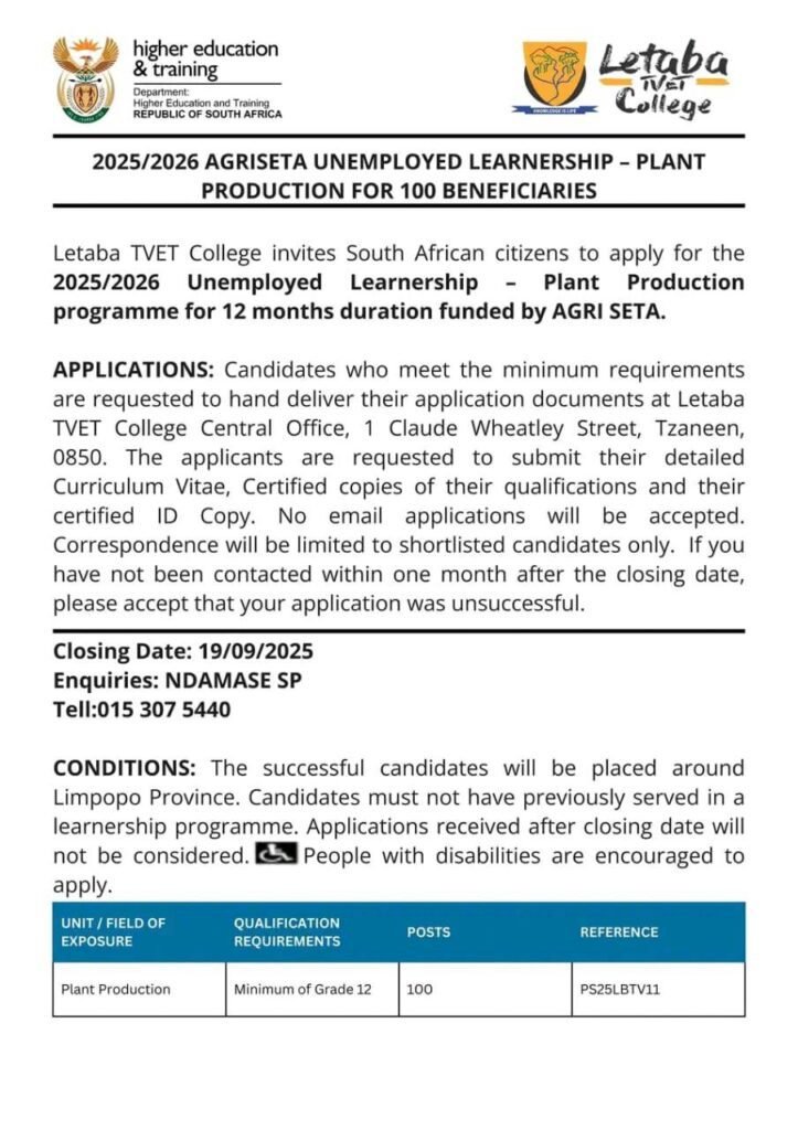 AGRISETA Accredited Learnership Opportunity 2025/2026